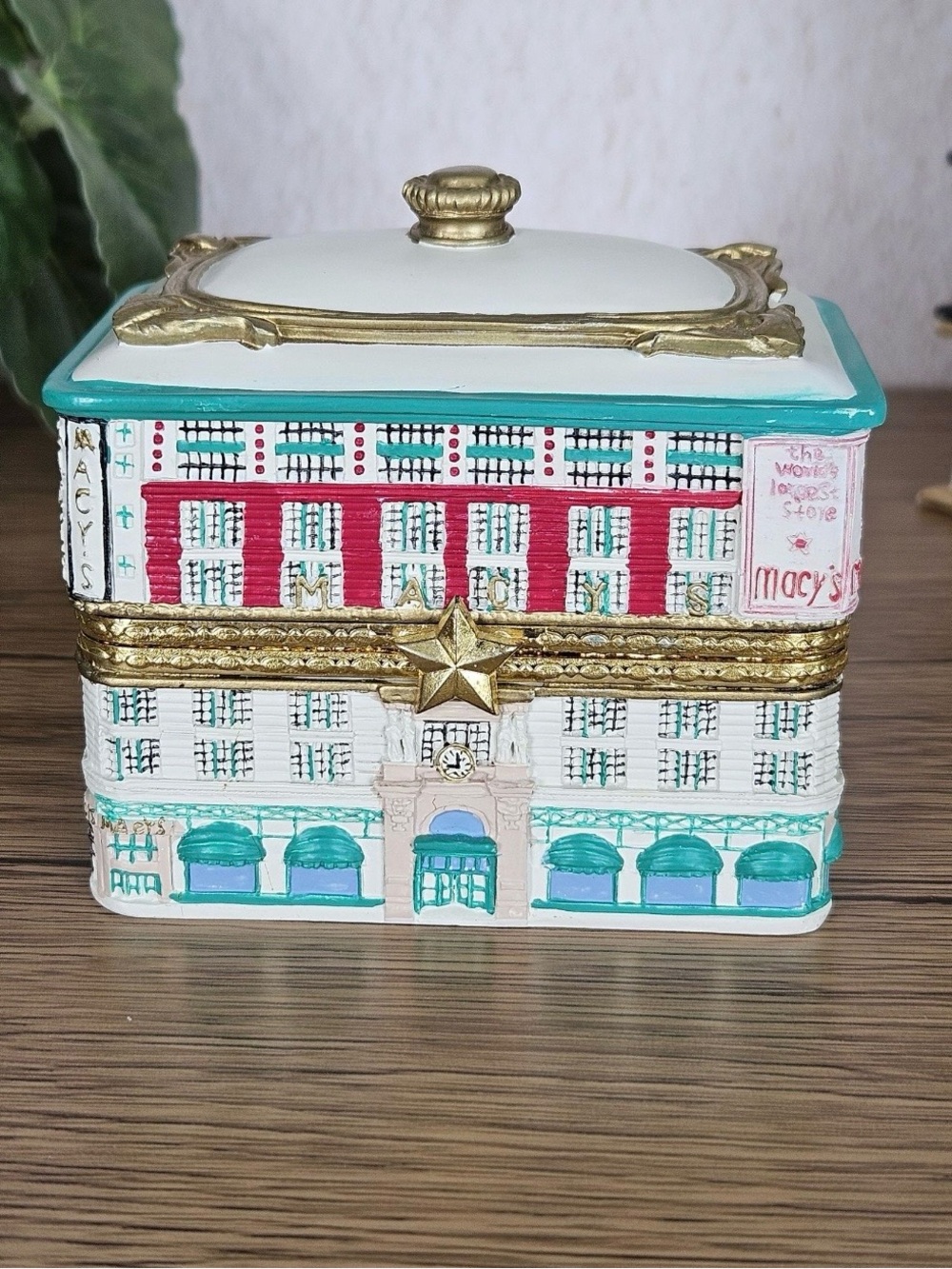 Macy's Ceramic Trinket Box in White, Teal & Gold Accents year 2000